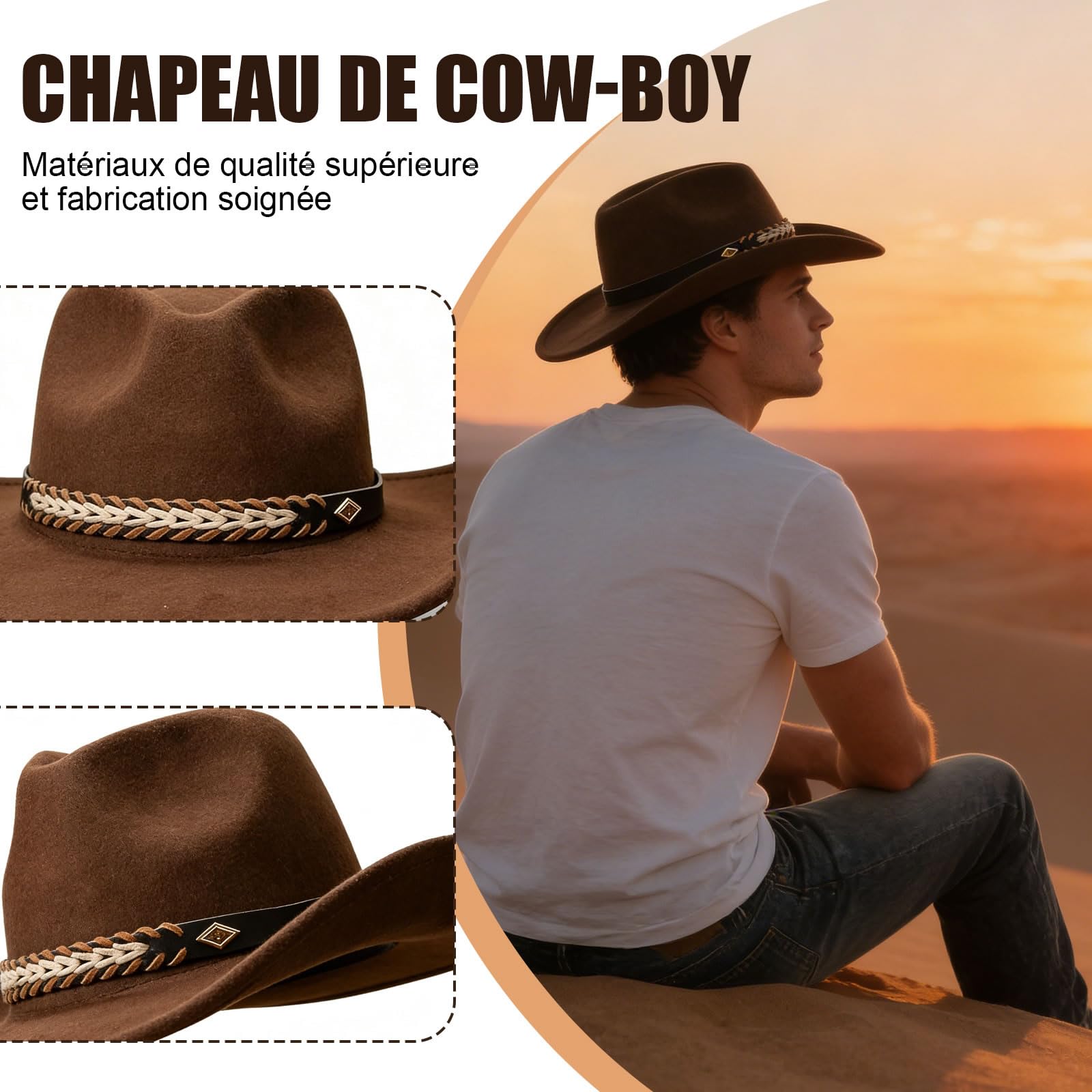 MYKAGS Chapeau de Cowboy Unisexe en Feutre à Large Bord et Taille Ajustable, adapté aux Tenues en Jean et aux activités de Plein air (Marron café)