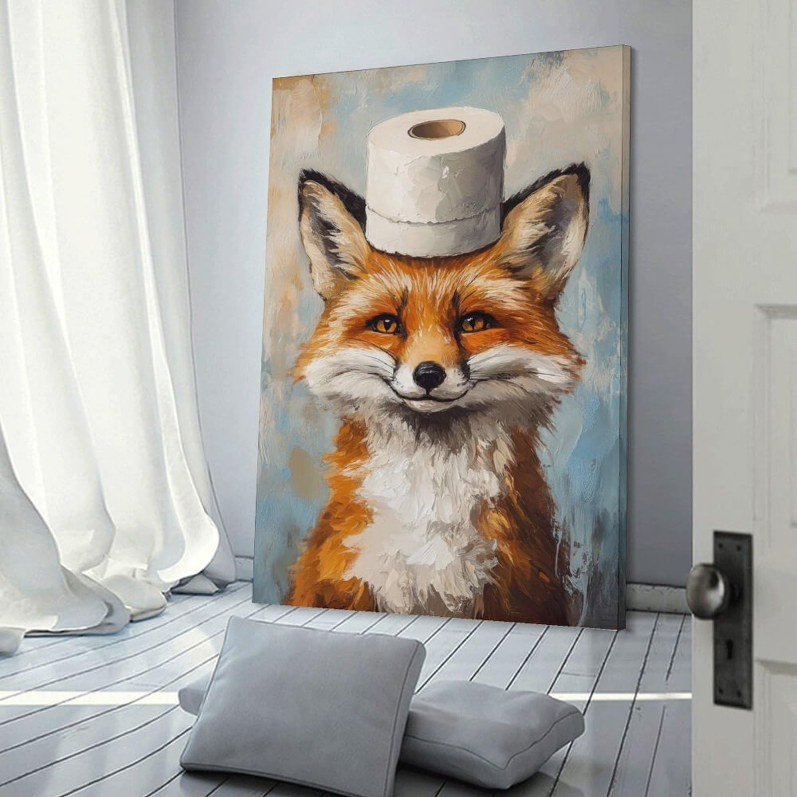 Junmoney Frame-Style-12 Fox With Toilet Paper Hat Room Decor Wall Art 20X30inch(50X75cm), For Lounge Decor, Offices Or Entryway Styling, A Flexible Wall Accent For Shared Spaces