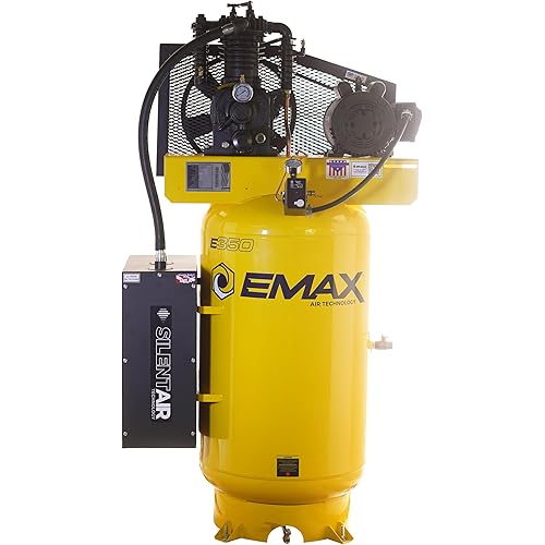 EMAX E350 Stationary Air Compressor - 5hp 80 Gal. 2 Stage Single Phase Industrial Compressor with Pressure Lubricated Pump & Silent Air System - ESP05V080I1