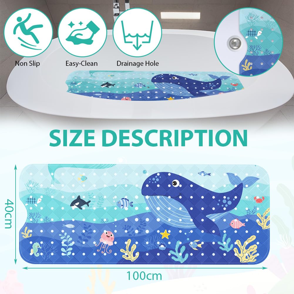 Aolso Tappetino da bagno per Bambini, 100x40cm Tappeto per Doccia con Due Ganci, Tappetino Antiscivolo Antimuffa per Vasca da Bagno e Doccia, Modello Animale Marino, con Ventose, Lavabile in Lavatrice