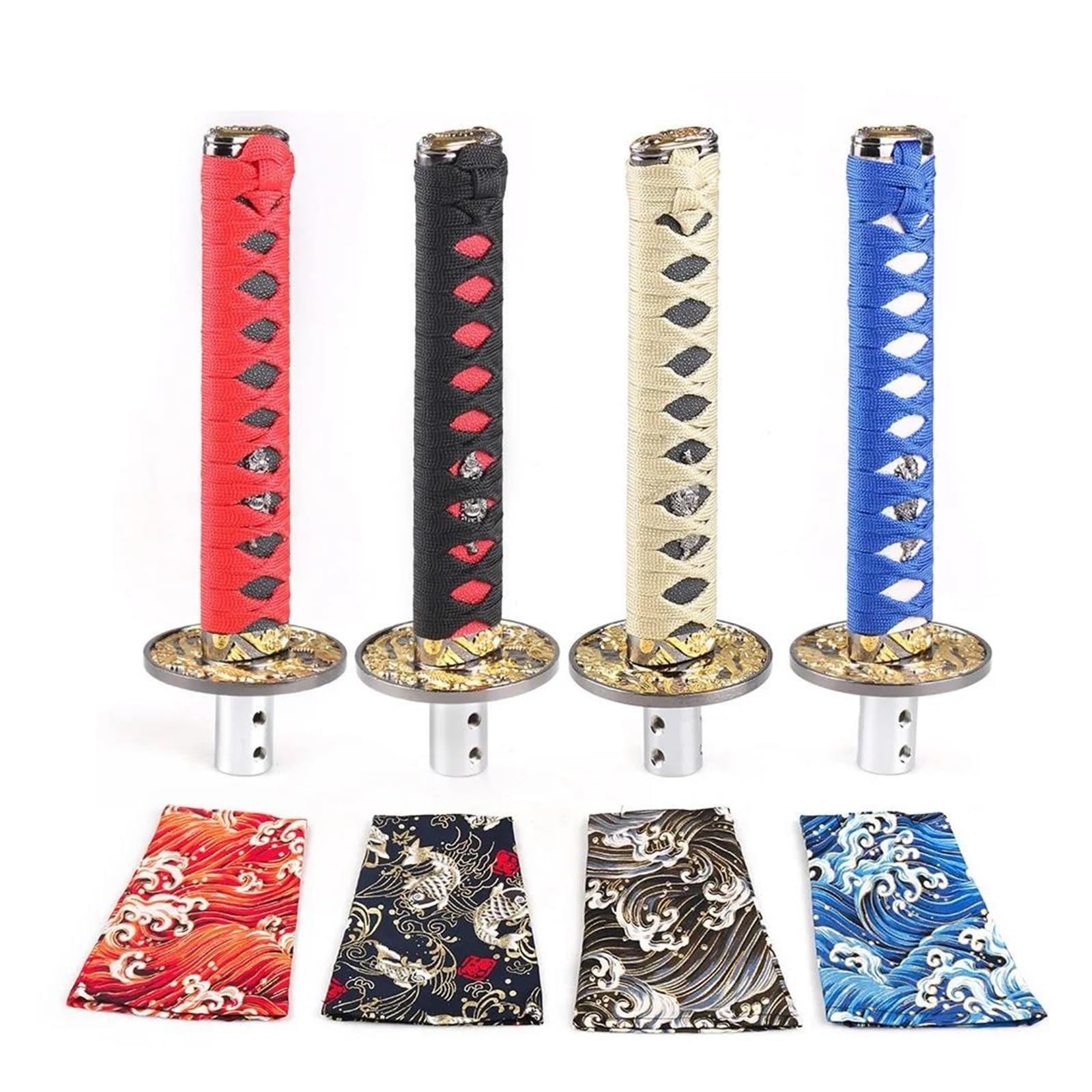 Pommeau Levier Vitesse Universel Katana Samurai Sword 200MM Avec Couvercle Anti-poussière Colliers Avec 4 Adaptateurs(Wit)