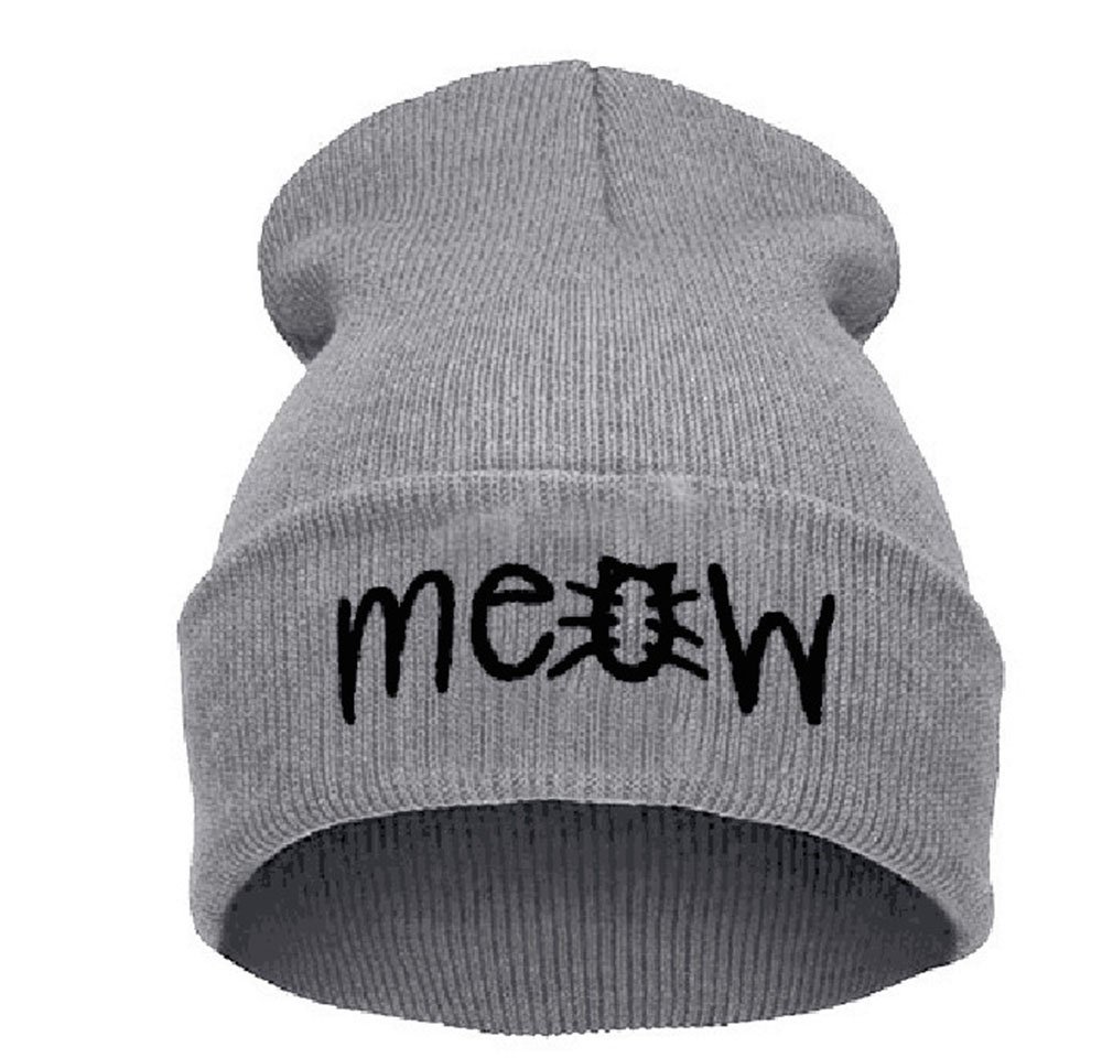 Beurio Women's Gray Knit Hip Hot Beanie Hats For Unisex With 'Meow' - Grey