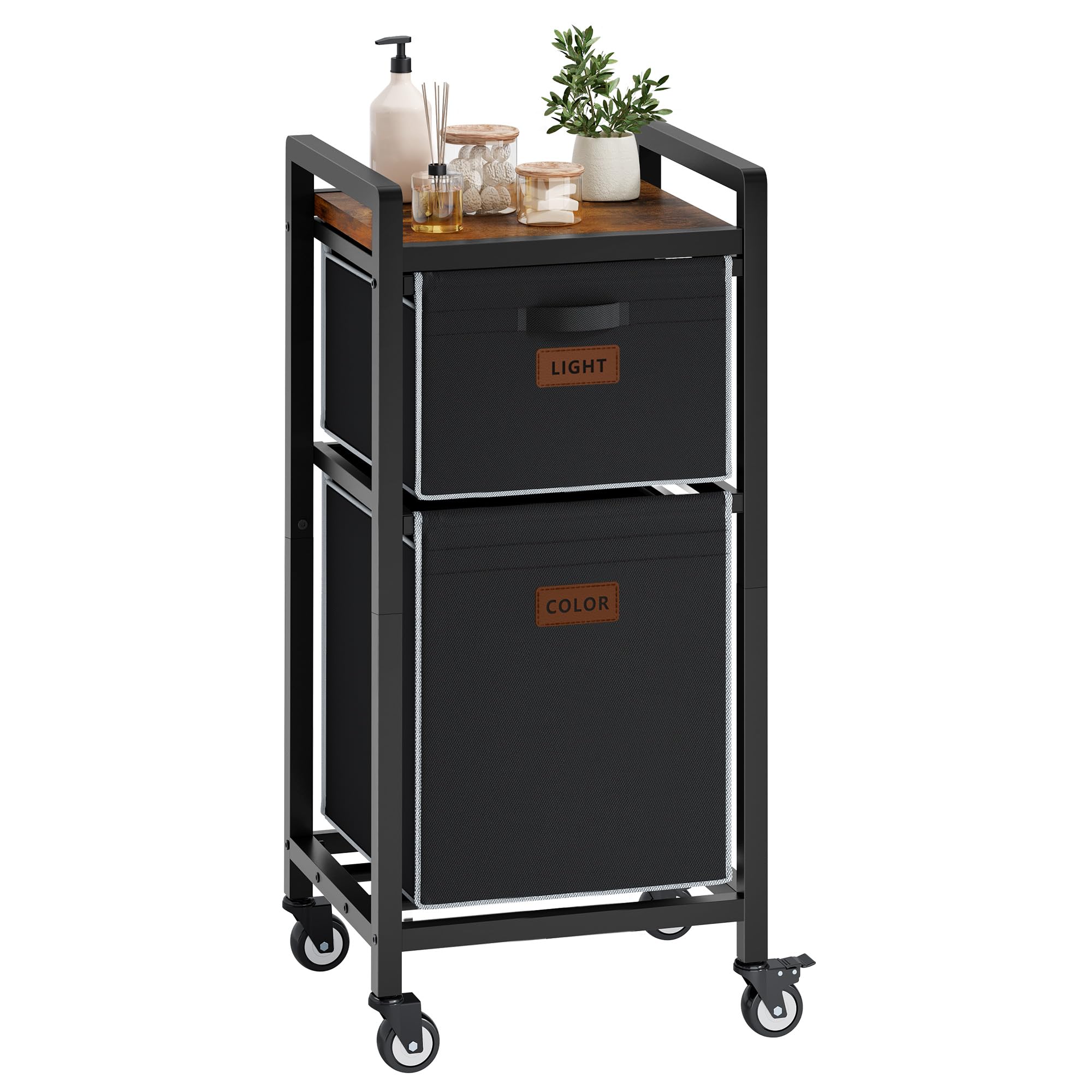 FAVOOSTY Cesto para Ropa Sucia, 2 Compartimentos, 70L, Cesta de Colada con Tablero Superior y Ruedas, Marco Metálico, Cesto Colada para Dormitorio, Baño, Dormitorio, Lavandería, Negro