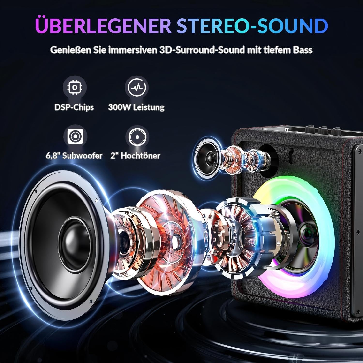 HWWR Karaoke Maschine mit Echo- und Tonhöhenkorrektur, Retro-Lederoptik, tragbarer Bluetooth 5.3 Lautsprecher 300W mit 2 kabellosen Mikrofonen, PA-System für Partys, unterstützt TWS/TF/USB/AUX/Live