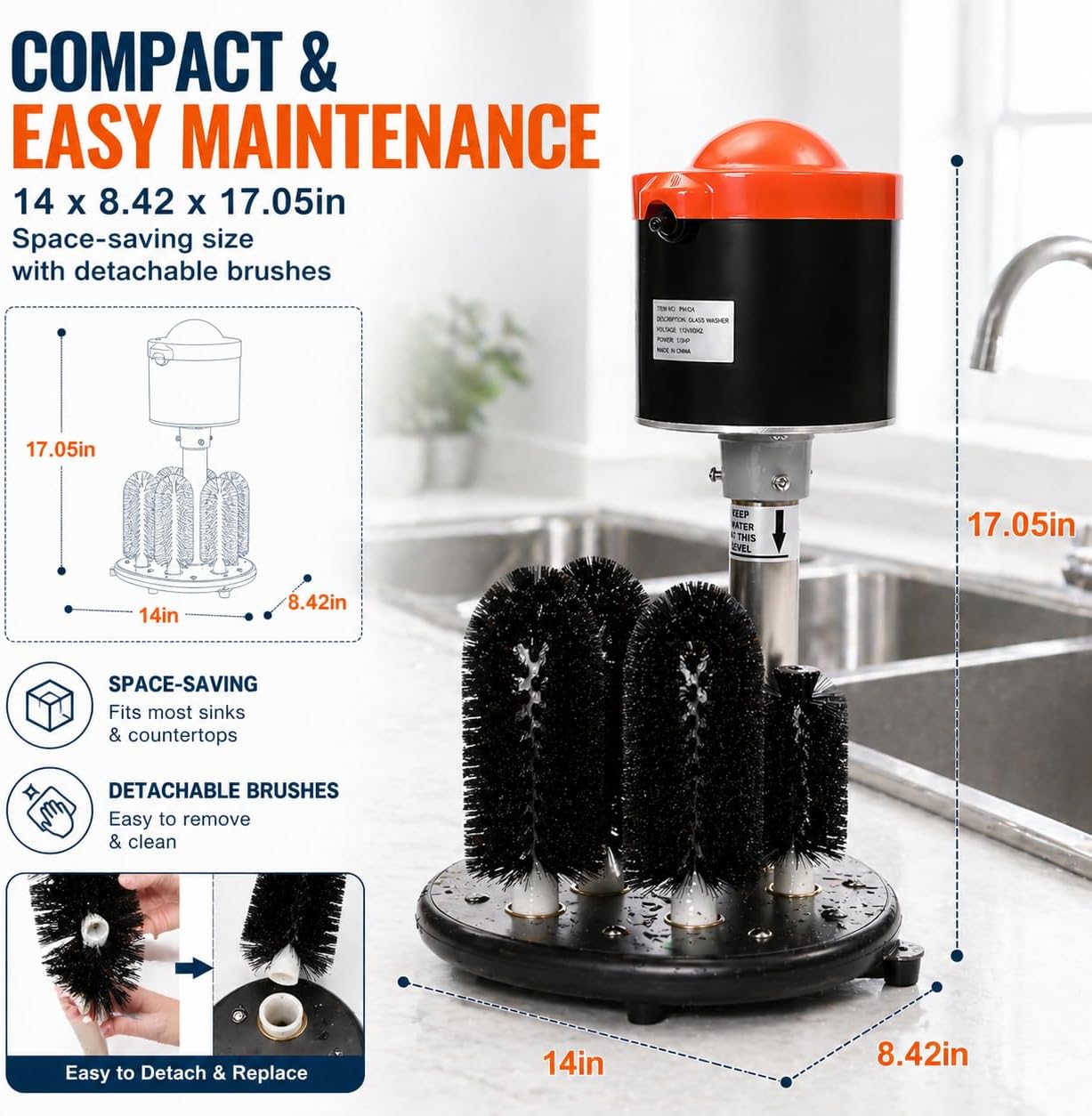 Electric Glass Washer with 5 Brushes, 240RPM Commercial Cup Cleaning Machine, Washes 800 Cups/Hour for Wine, Beer & Champagne Glasses