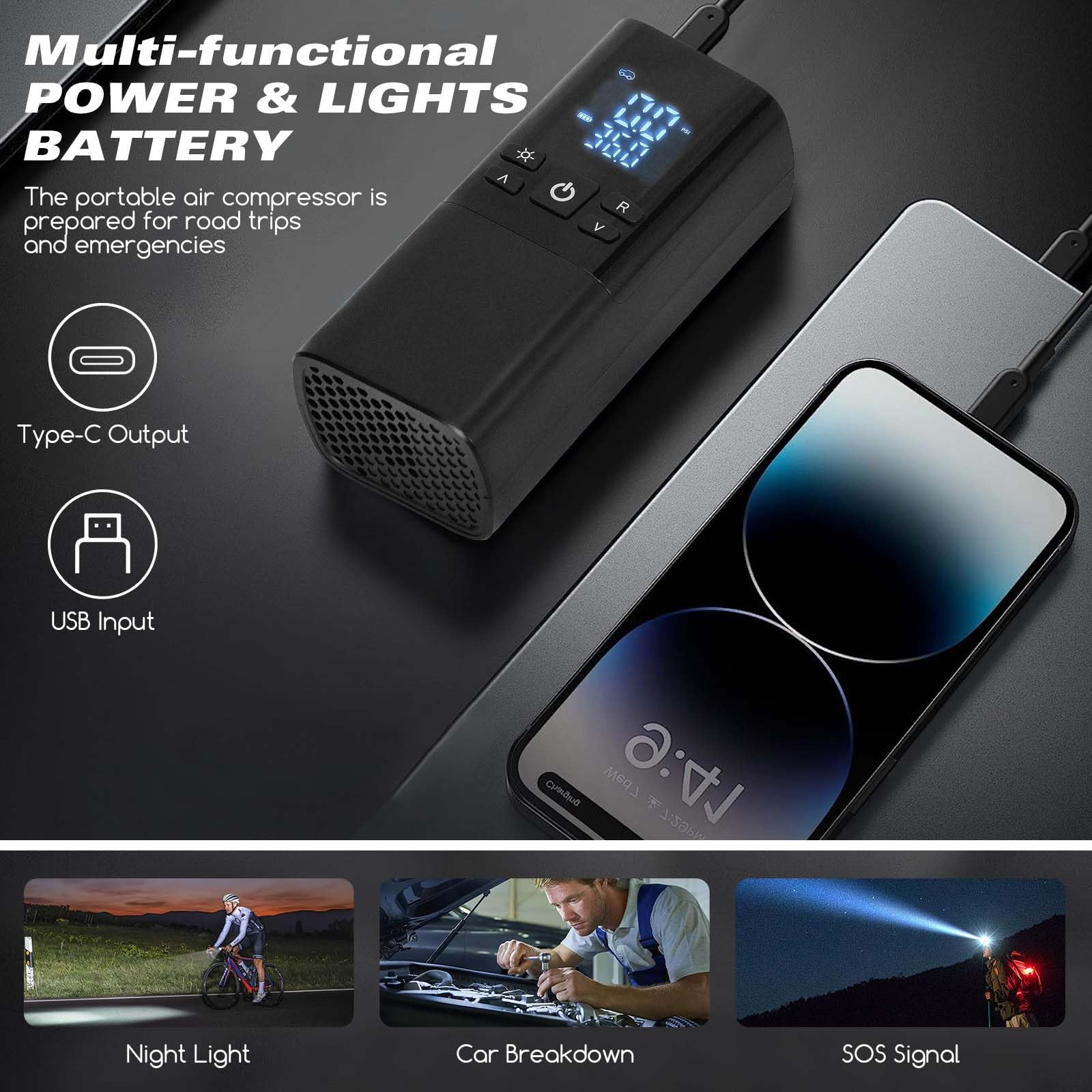 Compresor de aire portátil para neumáticos de coche, inflador de neumáticos inalámbrico de 150 PSI con apagado automático y luz LED, bomba de aire recargable de 10000 mAh para bicicleta, motocicleta