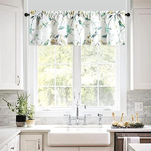 Miniatura 183 de VOGOL Cenefas con patrón de pájaros para ventanas de cocina, cenefa texturizada de lino con estampado floral y pájaros para ventanas pequeñas