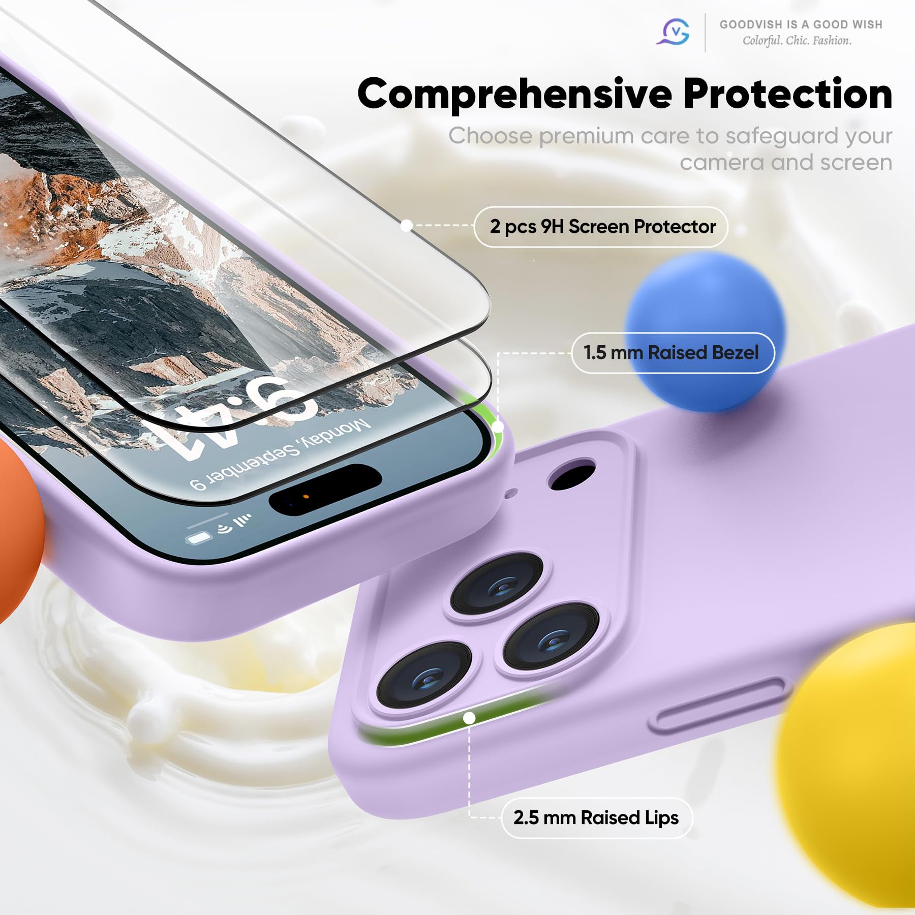 GOODVISH Silicone Cover per iPhone 17 Pro 6.3", Custodia con 2x Vetro Temperato [Pulsante Controllo Fotocamera] 360° Protezione Anticaduta Case per Cellulare Antiurto Resistente, Viola