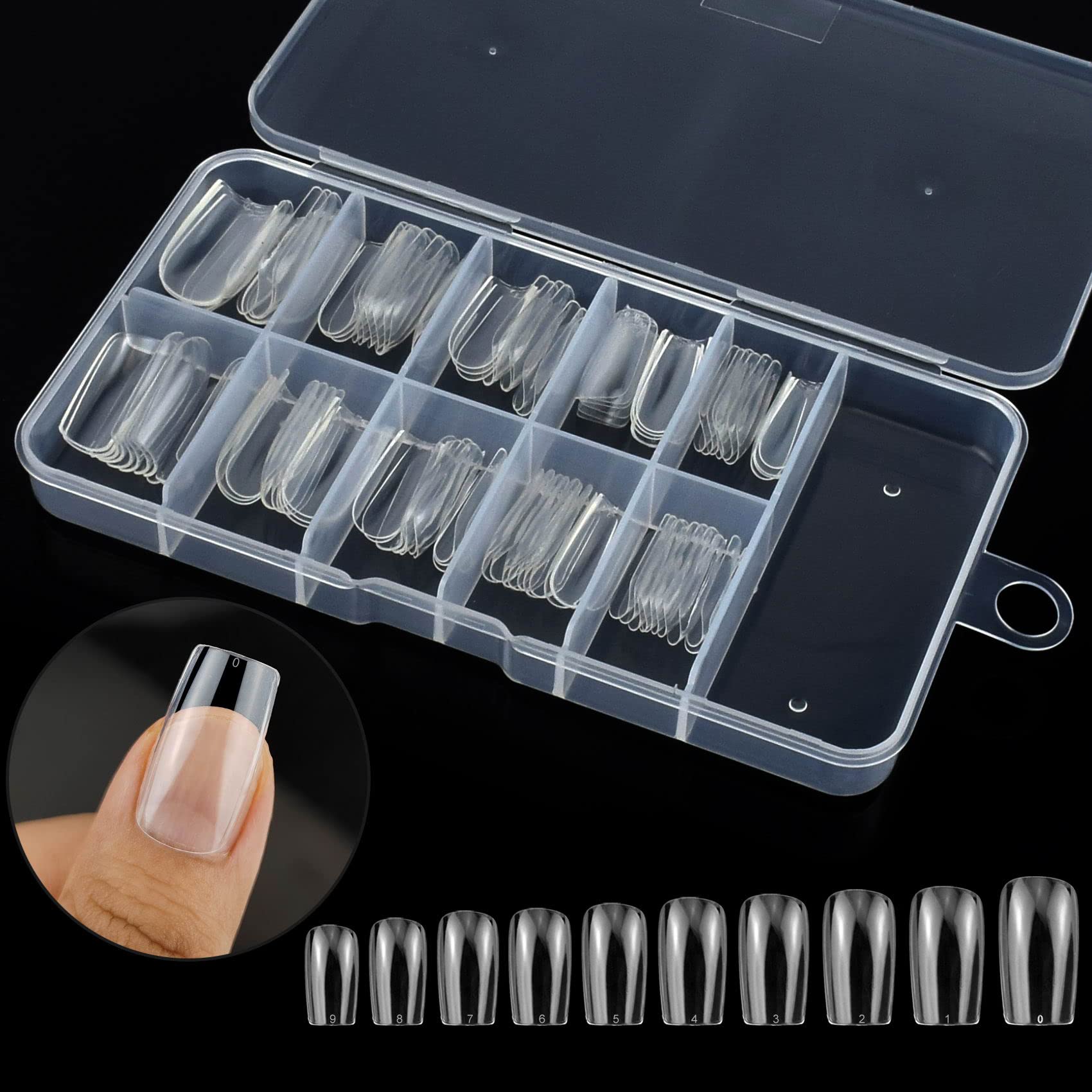 100 Pcs Clear False Nail Tips with Storage Case-Full Cover Coffin Nails in 10 Sizes for Nail Salons and DIY Nail Art-Long Lasting and Durable Artificial Fingernails for Glamorous Looks (Square, Clear)