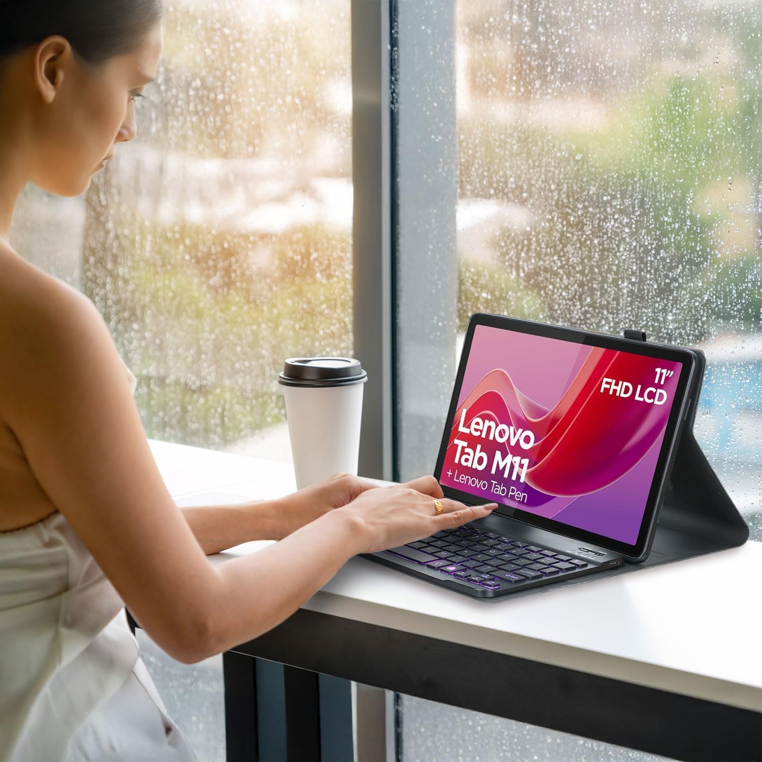 Étui avec Clavier Rétroéclairé pour Lenovo Tab M11 11" 2024 Modèle (TB330FU/TB330XU) avec Pavé Clavier sans Fil Amovible Rétroéclairé 7 Couleurs, Étui en PU Ultra Fin