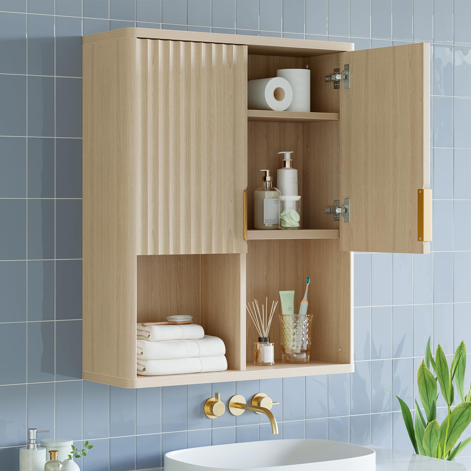 Bestier Fluted Bathroom Wall Cabinet Over The Toilet Storage, 23"x 29" Medicine Cabinet with Adjustable Shelf, Laundry Cabinet Wall Mounted and Kitchen Storage Cabinet(Natural Oak)