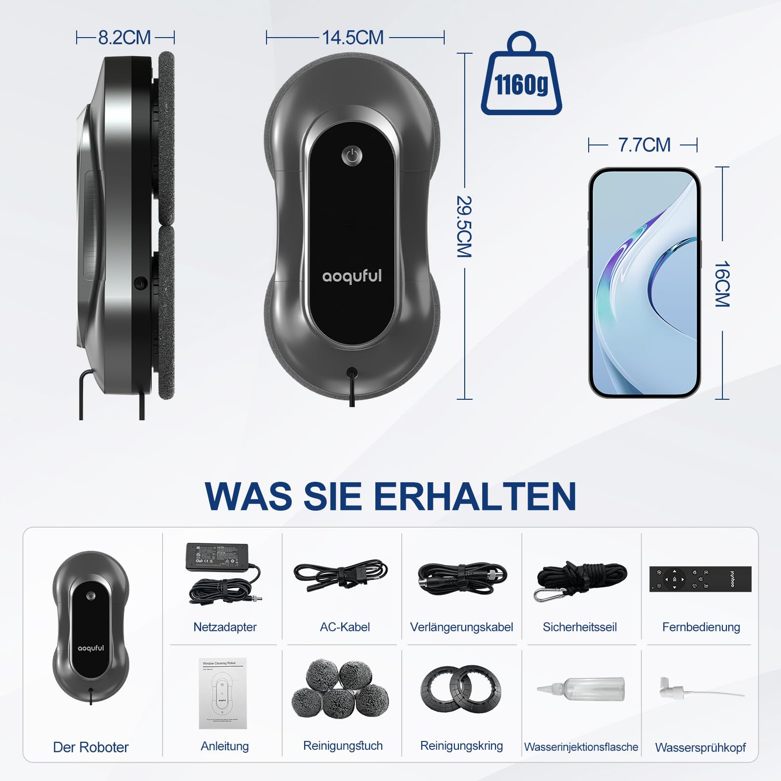 Intelligenter Fensterputzroboter, Elektrischer Fensterputzer mit Dual-Wasserspray, Automatischer Fensterroboter mit Fernbedienung und App, für Innen-und Außenfenster und Glas,Pfadplanung,Dark Grau