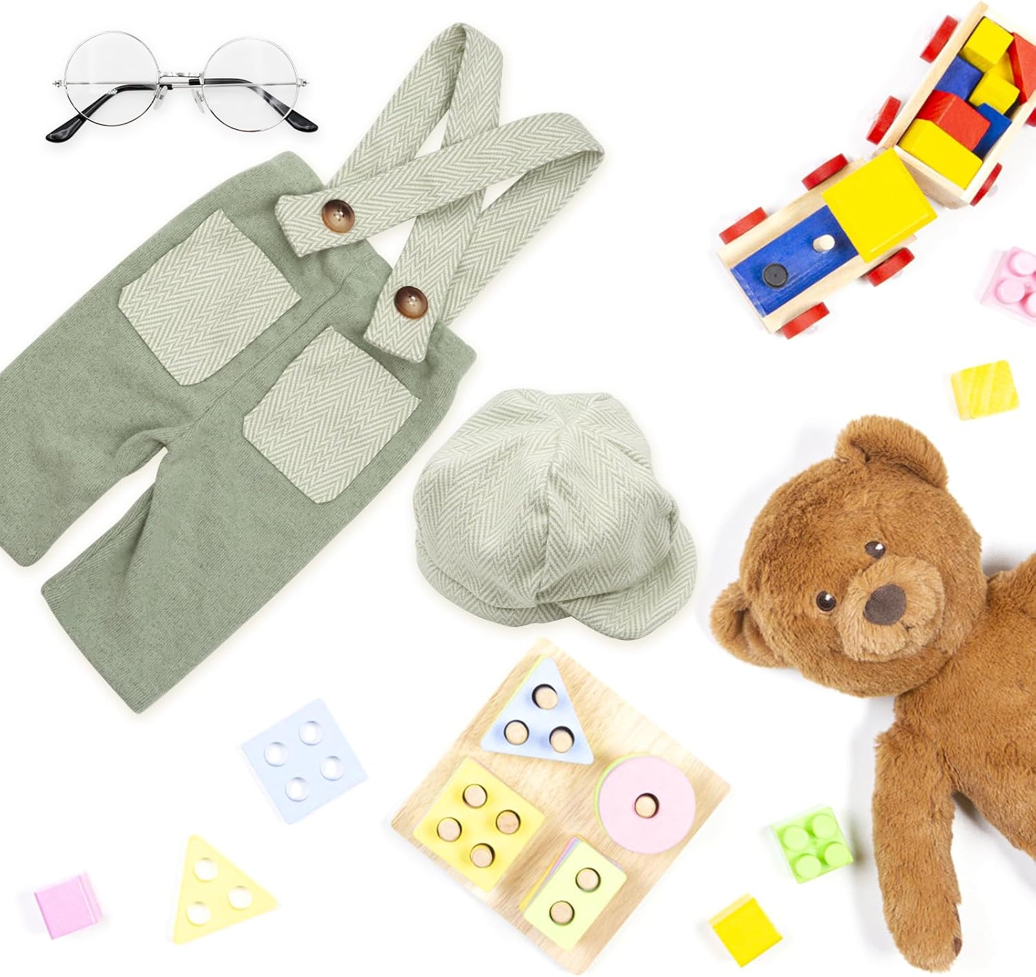 New Born Photoshoot Outfits,Newborn Boy Photoshoot Outfits,Newborn Photography Outfits Boy,Bib Pants,Hats and Glasses(0-3 Months, Light Green)