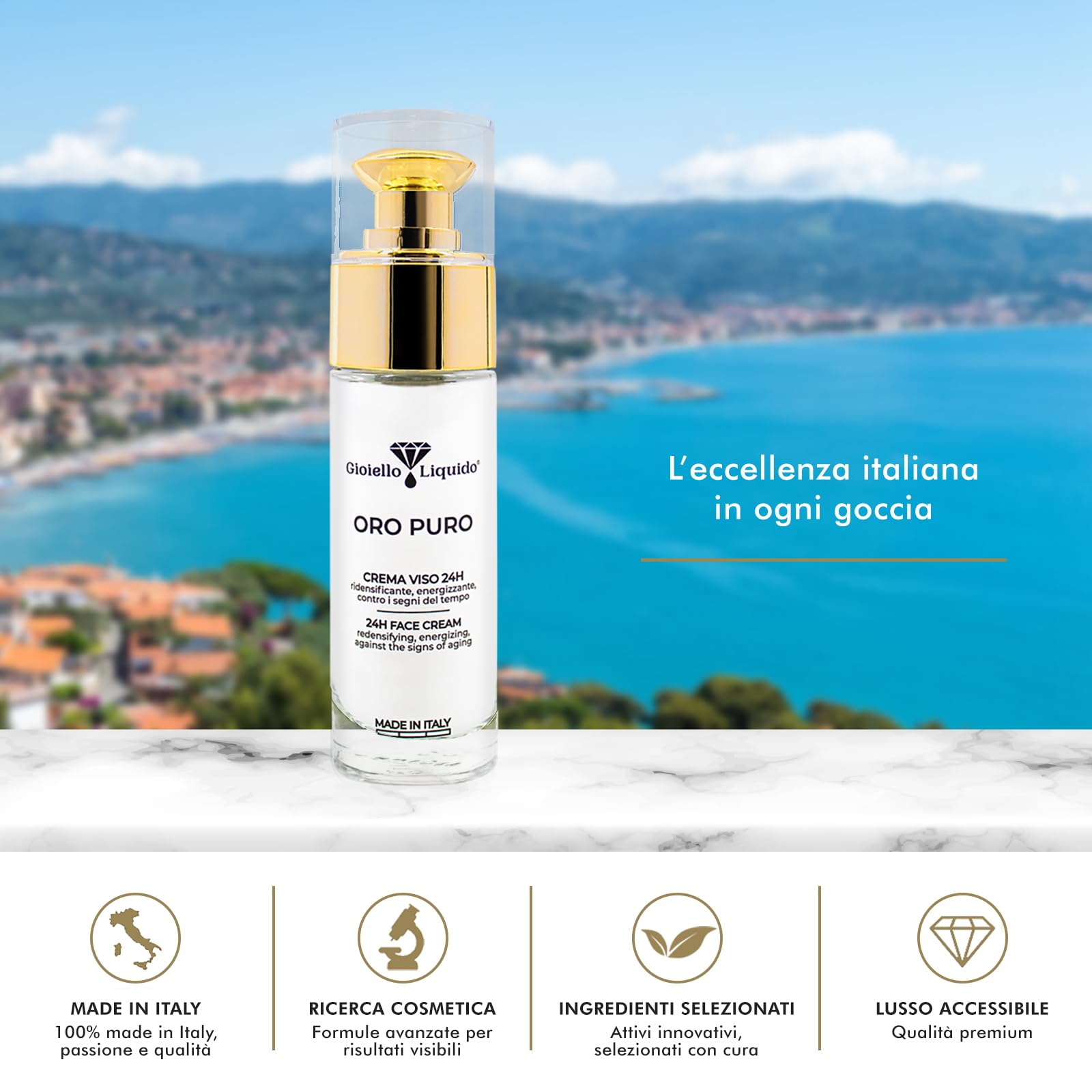Gioiello Liquido Crema Viso 24H - Antiage con Oro Colloidale, Acido Ialuronico e Rosa Damascena Effetto Lifting e Illuminante – Made in Italy – Per Viso, Collo e Décolleté formato viaggio