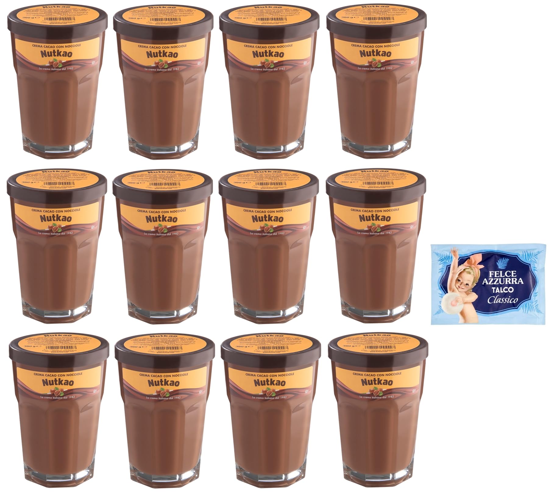 12er-Pack Nutkao Crema Cacao con Nocciole,Streichfähige Creme Kakao mit Haselnüssen,Italienische Creme, 330g-Glas + 1er-Pack Kostenlos Felce Azzurra Talkumpuder, 100g-Beutel