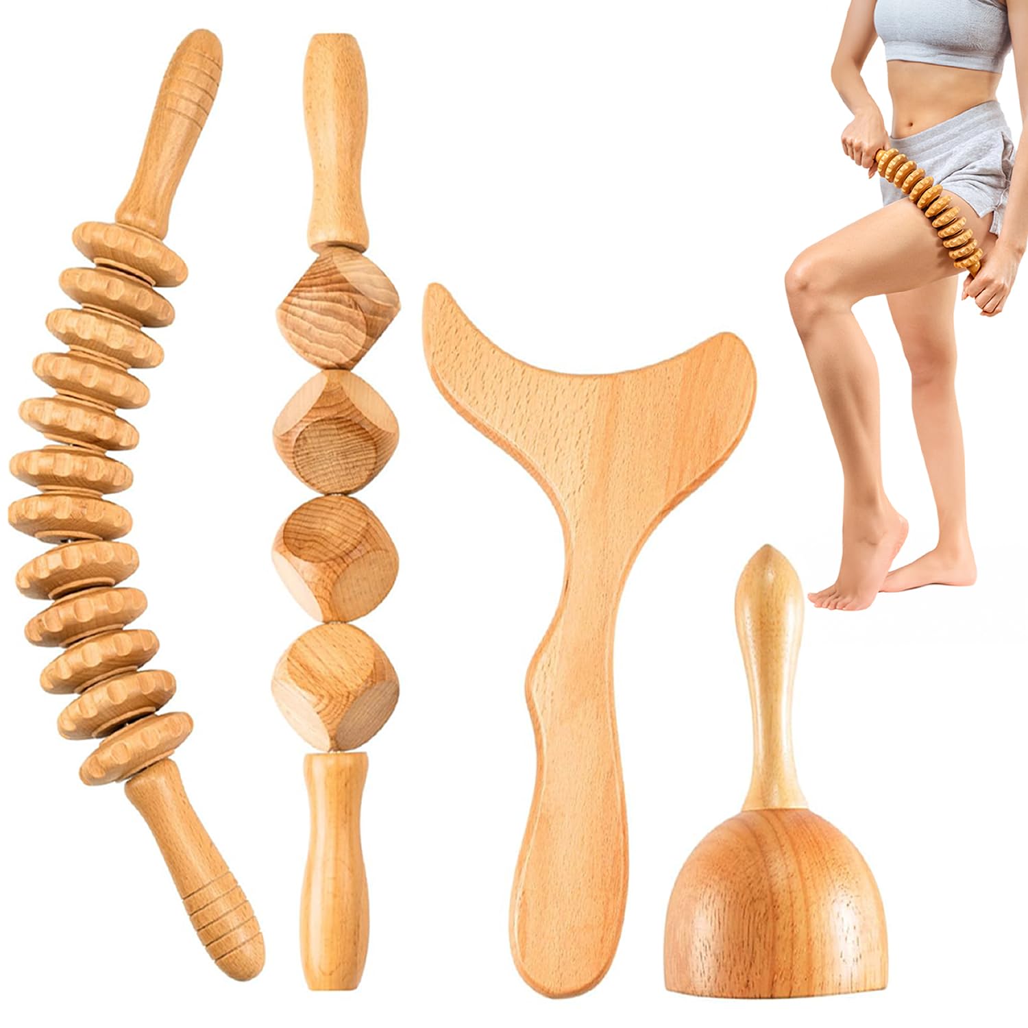 4PCS Wood Therapy Massage Tools Set for Comfort, Body Sculpting, Lymphatic Drainage, and Muscle Pain Relief