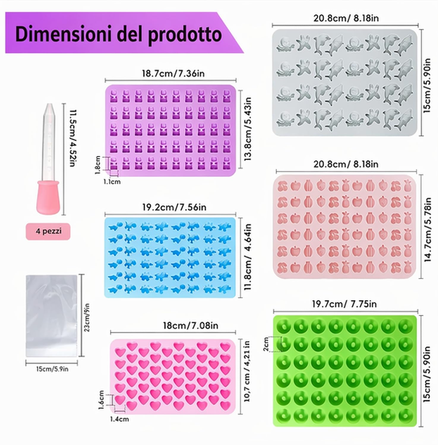 6 Pezzi Stampi in Silicone per Caramelle, Stampi per Orsetti Gommosi con 4 Pipette + 50 Sacchetti di Caramelle per Fare Gommose Cioccolatini Caramelle Piccoli Cubetti di Ghiaccio