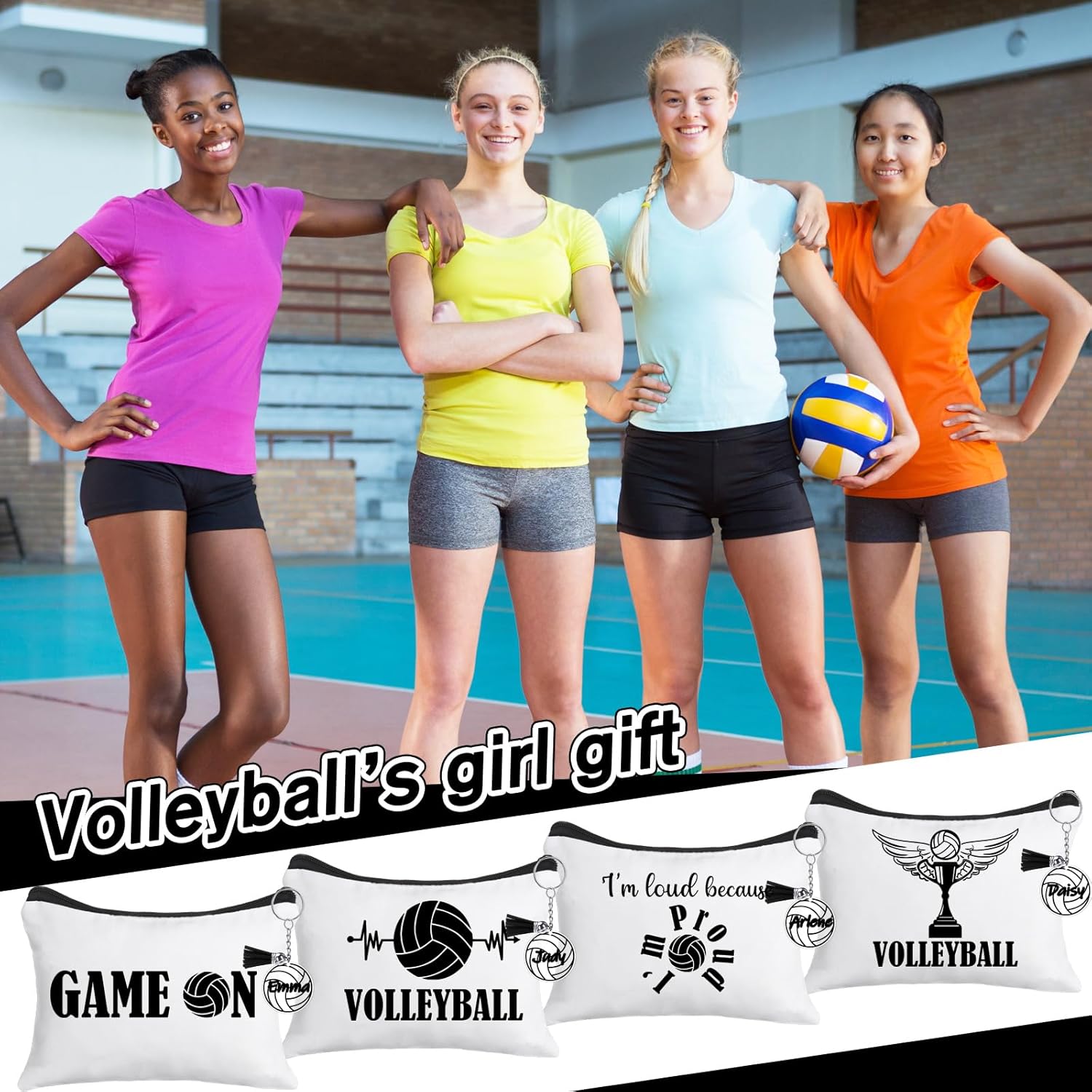 33 Pcs Valentines Day Volleyball Party Favors Include 16 Volleyball Makeup Bag Canvas Cosmetic Bag 16 Acrylic Keychain with a Marker for Birthday Team Lover Gift Filler - Image 3