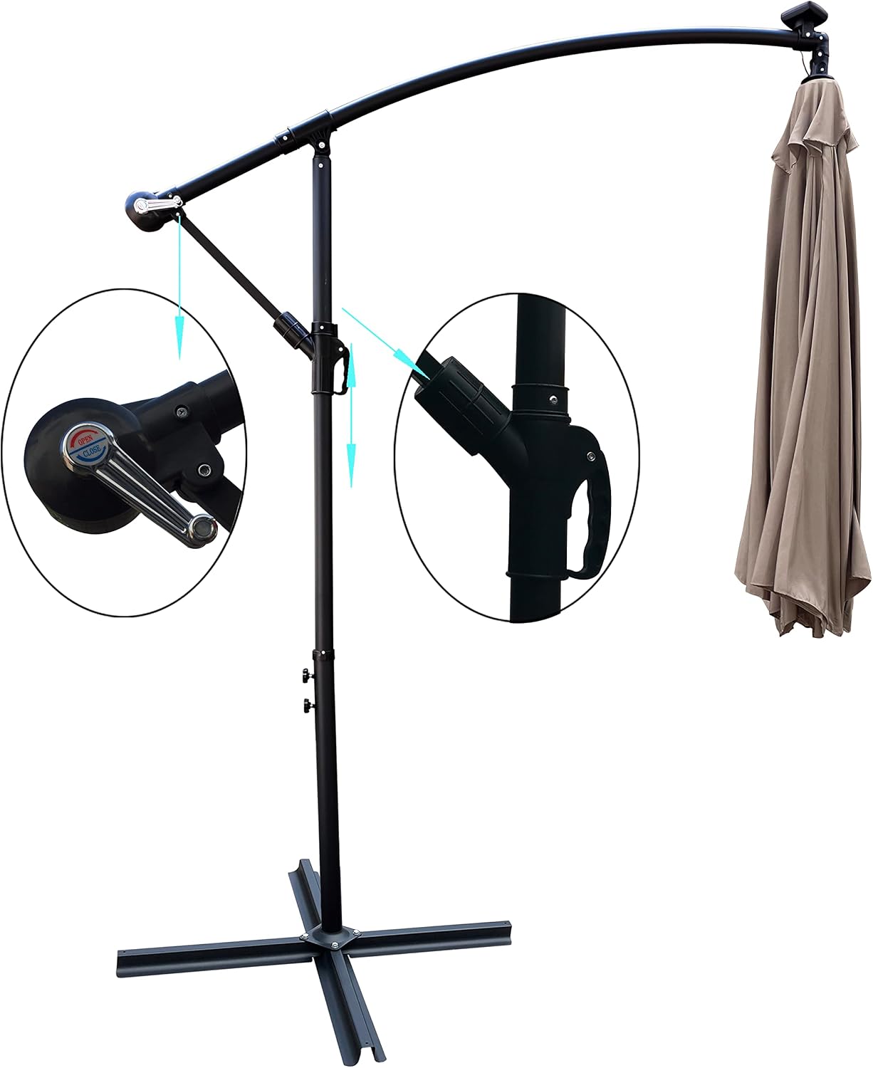 10 ft Offset Cantilever Patio Umbrella with 24 Solar LED Lights, Polyester, Crank Handle, Cross Base