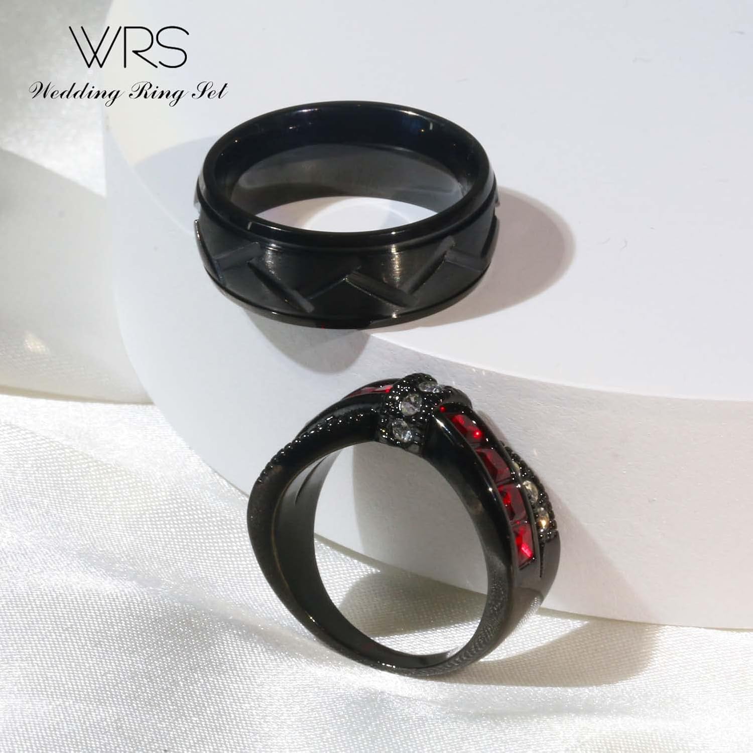 Two Rings His Hers Wedding Ring Sets Couples Matching Rings Women's Black Gold Filled Red CZ Wedding Engagement Ring Bridal Sets Men's Stainless Steel Wedding Band