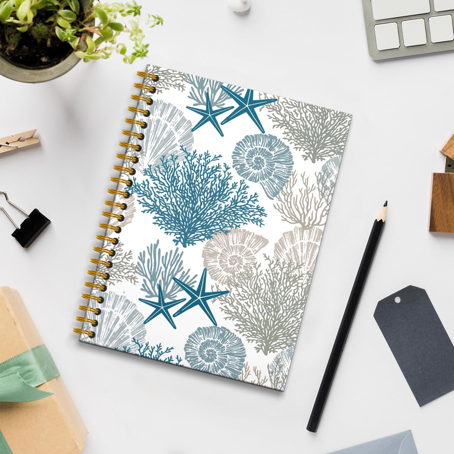 Vintage Beach Ocean Notebook, Ocean Themed Gifts Journal, Preppy Beachy Nautical Journal, Beach Office Decor, Coastal Starfish Carol Seashell Hardcover Spiral Notebooks, 5.5x8.3 Inch - Image 2