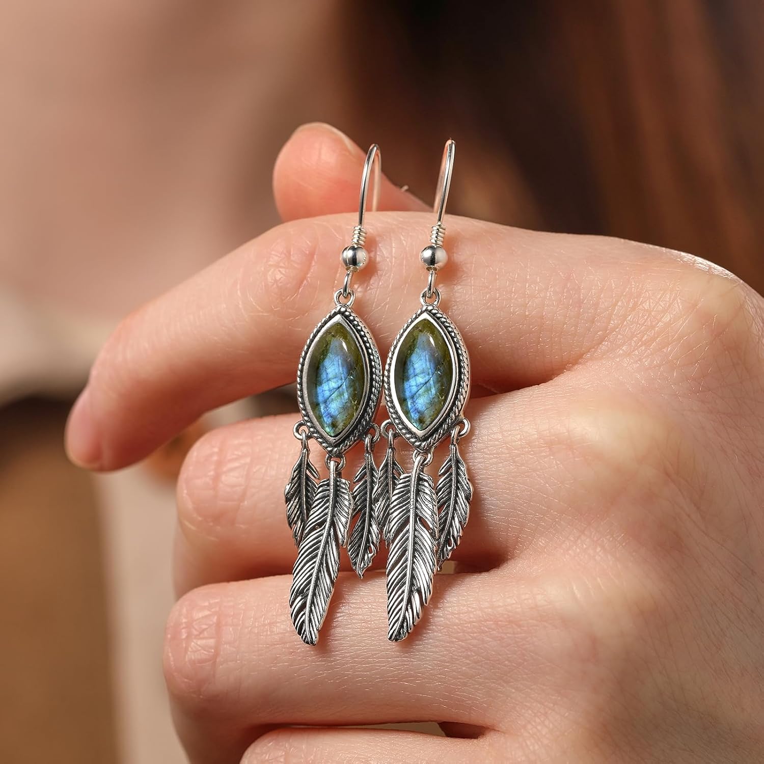 Feather Dangle Earrings for Women 925 Sterling Silver Earrings Teal Turquoise/Turquoise/Labradorite/Moonstone Drop Earrings with Feather Boho Vintage Leaf Hook Earrings Western Jewelry Gifts - Image 5