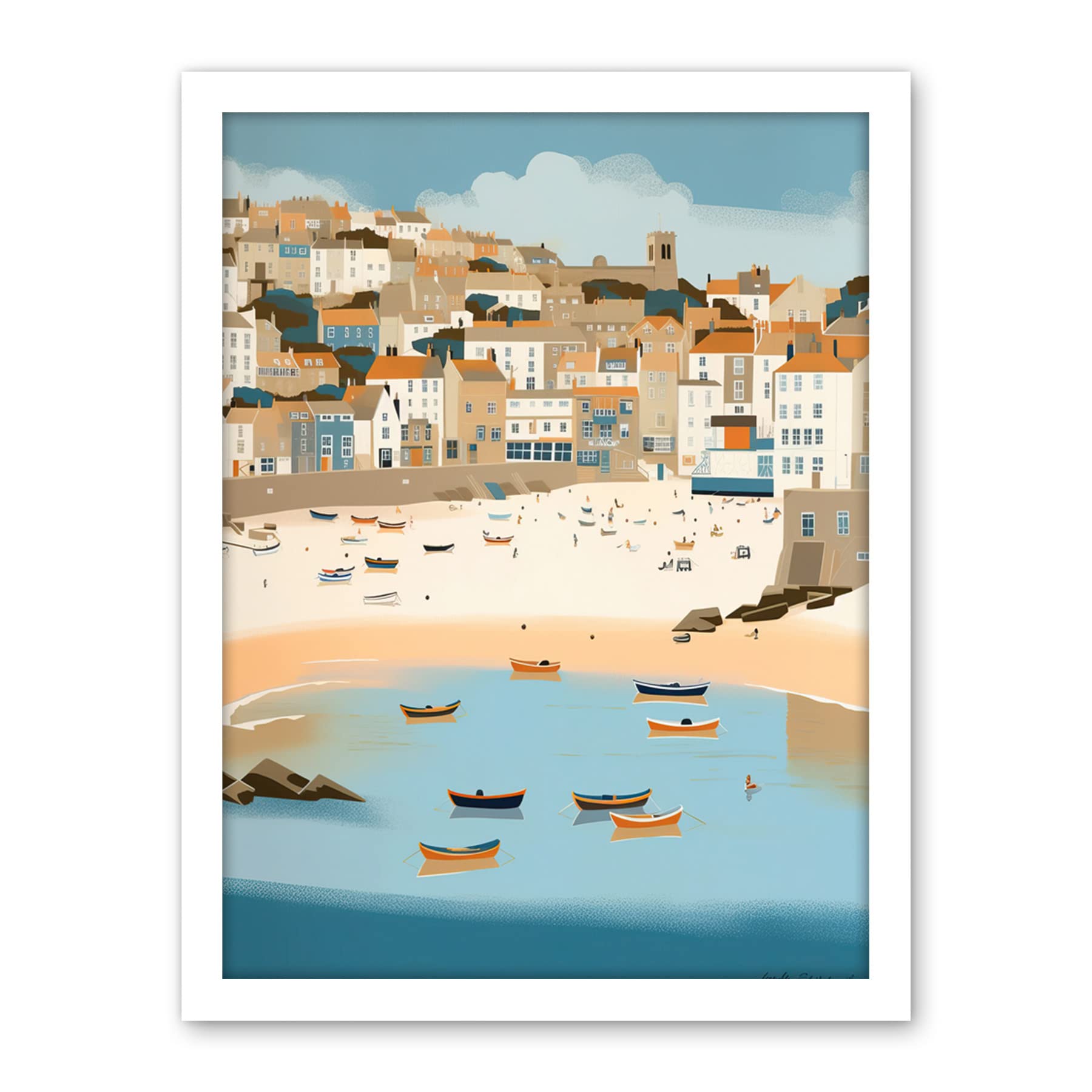 Artery8 Small Boats in St Ives Bay Coastal Cityscape Artwork Framed Wall Art Print 18X24 Inch