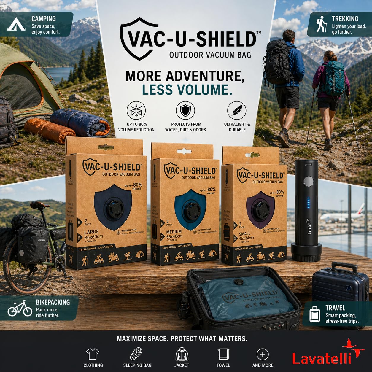 Vac-U-Shield Set 2 Sacchetti Sottovuoto + Pompa da viaggio USBc Rosso 45x34 | 2 sacchetti tessuto anti-graffio + pompa wireless USB-C ricaricabile, sacchi, buste adatte a zaini e bagagli a mano Ryanair