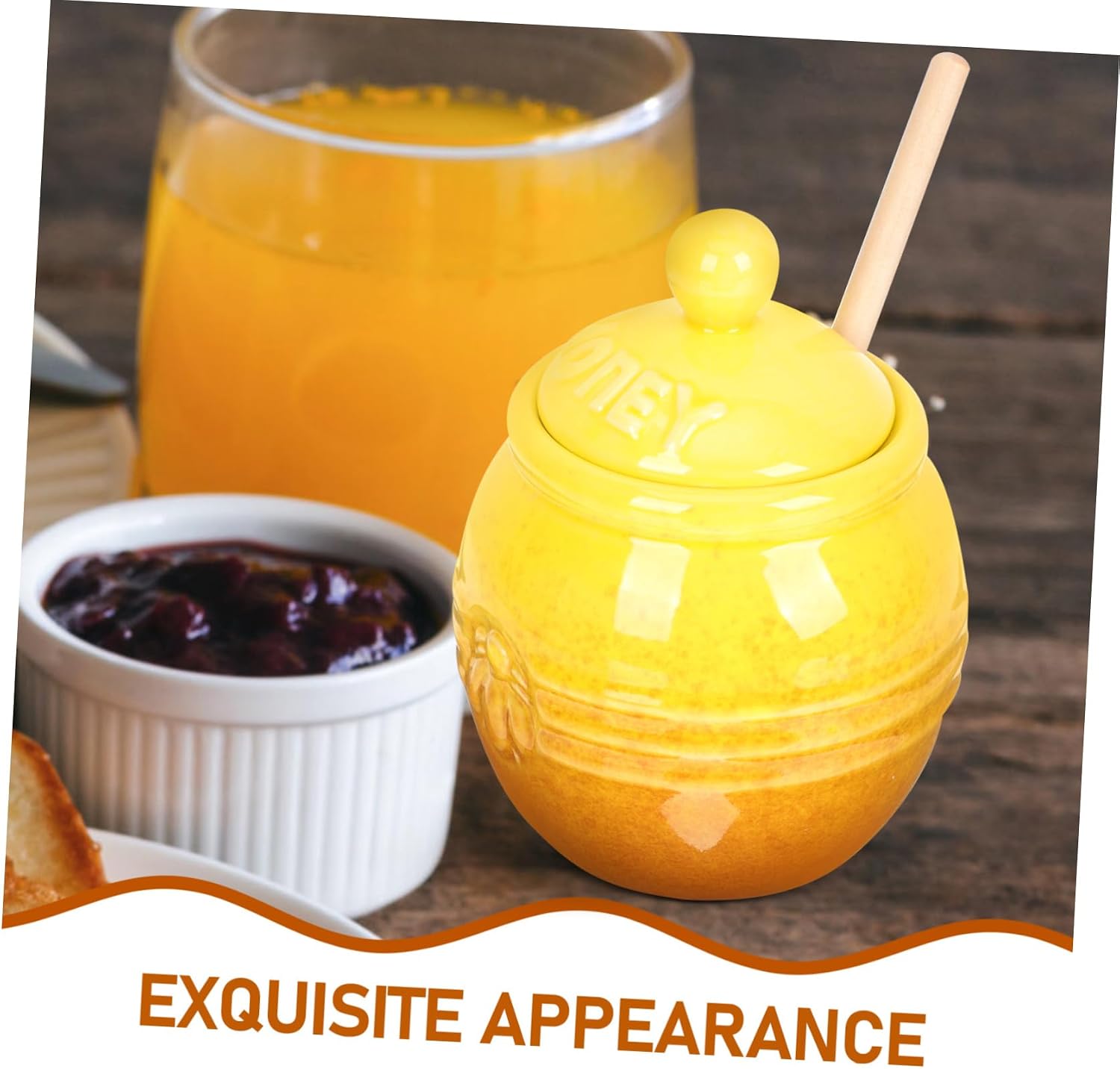 Cabilock Ceramic Honey Storage Jar Honey Jar Dripper and Wooden Stirrer for Hot Kitchen