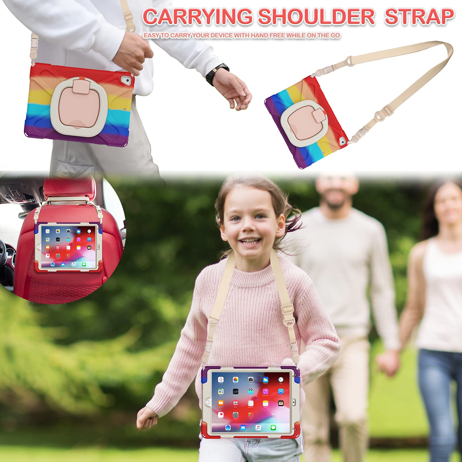 PEPKOO Triple Shockproof Case For IPad 5th/6th Generation 9.7 Inch 2017 2018, IPad Air 2 Gen, Heavy Duty Kid Boy Girl Cover With Pencil Holder/Handle Kickstand/Shoulder Strap, Camel - View #3