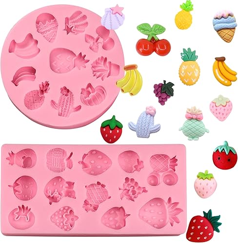 Moldes de fondant de frutas para decoración de pasteles, 2 piezas, mini fresa, piña, plátano, caramelo, chocolate, molde de silicona para cupcakes,