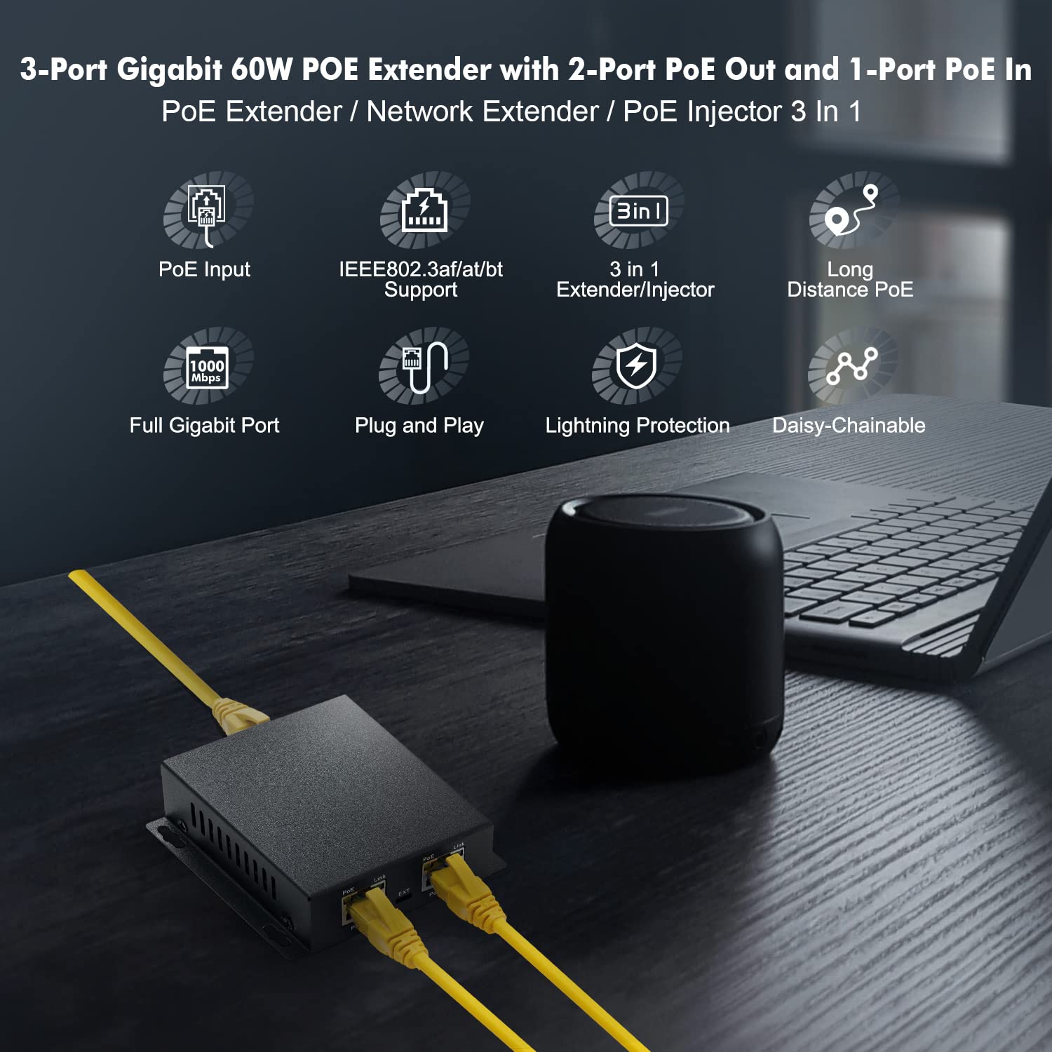 Gigabit PoE Extender, 1 PoE en 2 PoE out, IEEE802.3af/at/BT PoE Powered MAX 60W, Hi-PoE 90W, 10/100/1000Mbps Ethernet, Metal Pequeño Montaje en Pared PoE Extender / Inyector / Extensor de Red
