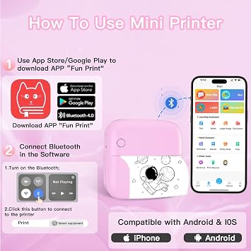 Mini Printer Sticker Printer Print Pod with 6 Rolls Sticker Paper, Seven Color Lighting Modes for DIY Scrapbook, Travel, Notes, Label, Memo, Compatible with iOS&Android