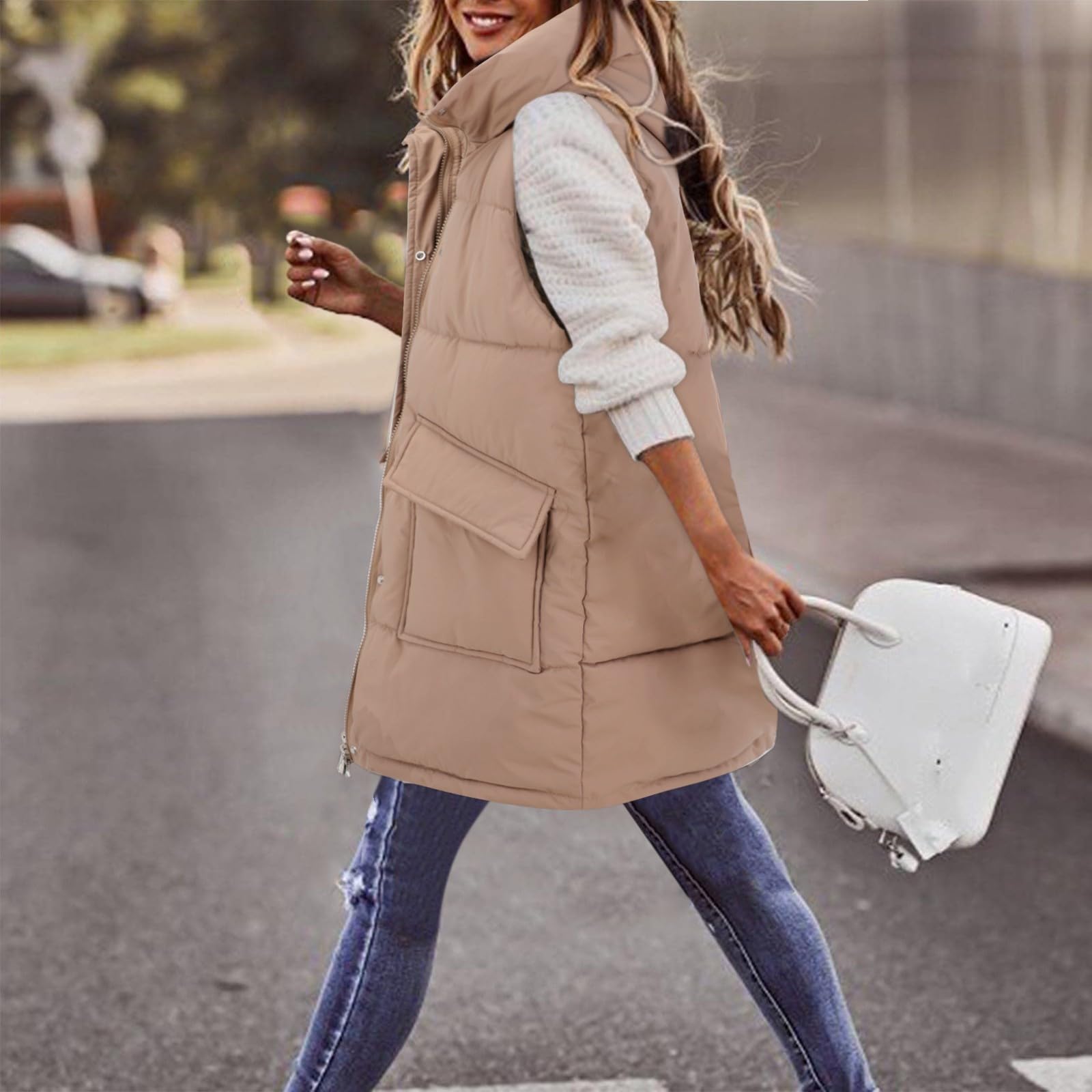 Gilet da donna e gilet da donna, piumini lunghi da donna, senza maniche, con cerniera, con cappuccio, gilet trapuntato, giacca invernale calda da donna, top con cerniera, piumino casual con tasche
