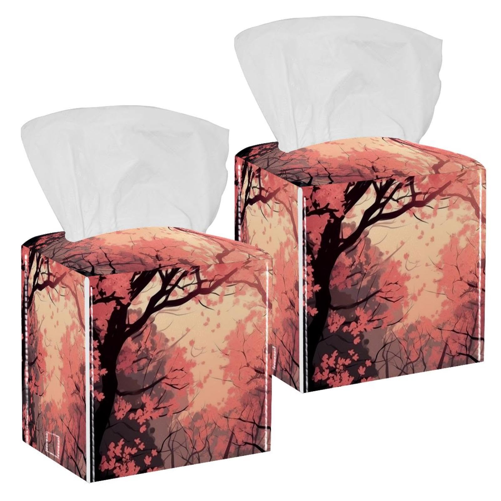 Cherry Blossoms Tissue Box Cover, 2 Pack PU Leather Square Facial Tissue Dispenser Box holder for Home Office Car