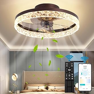 20" Bladeless Ceiling Fans with Lights, Modern Ceiling Fan with Lights and Remote, Dimmable 3 Color 6 Wind Speeds LED Low Profile Ceiling Fan for Bedroom, Living Room, Kids Room - Brown