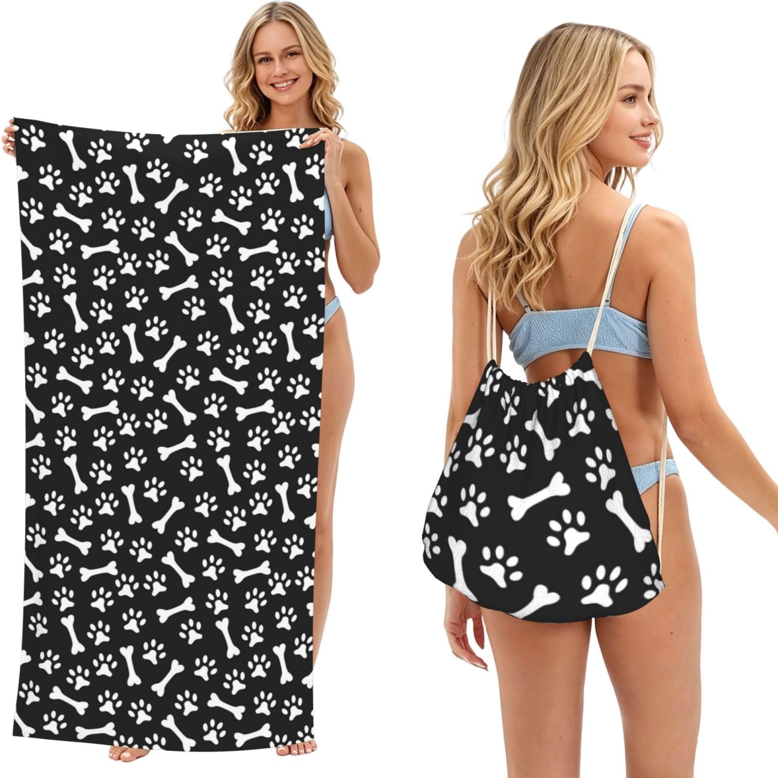 Poadnly As Picture Paw Print, 2 In 1 Packable Towel Bag, Beach Towels With Drawstring Backpack For Travel Holiday Camping