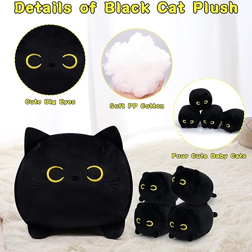 Miniatura 4 de LSYDCARM Juguetes de almohada de peluche de gato negro, almohada de gato negro de 12 pulgadas, muñecas de peluche de gato negro Kawaii con 4 lindos