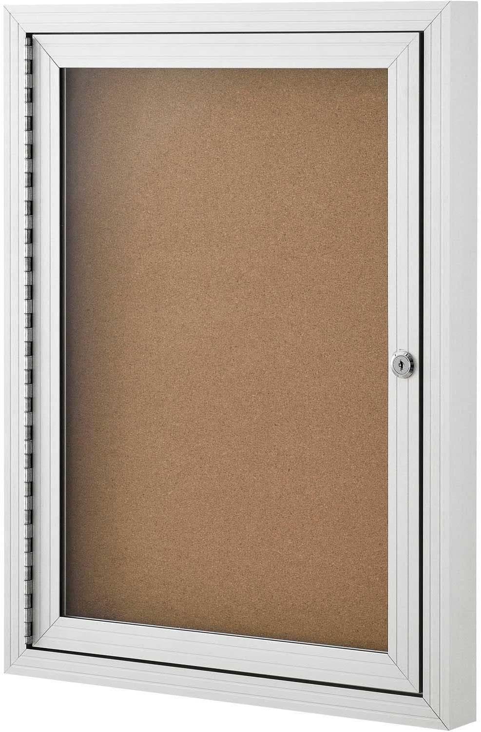 Global Industrial 1 Door Enclosed Bulletin Board, 24" W x 18" H, Self-Healing Cork, Lightweight Aluminum Frame, Shatter Resistant Acrylic Window, Keyed Lock