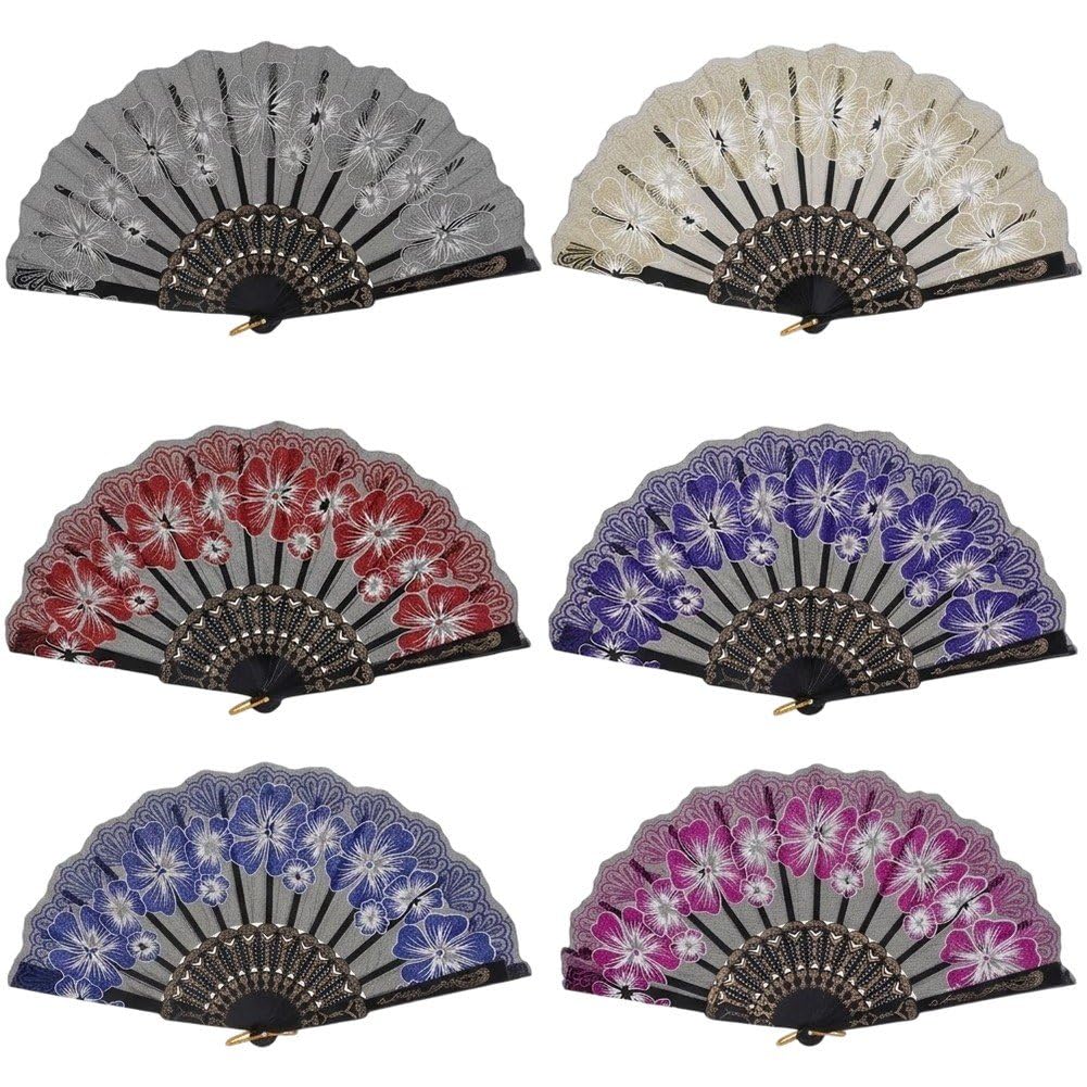 Hrippy 6pcs Floral Fabric Folding Fan, Printed Handheld Decor Fans for Line Dance Wedding Church Party Activities
