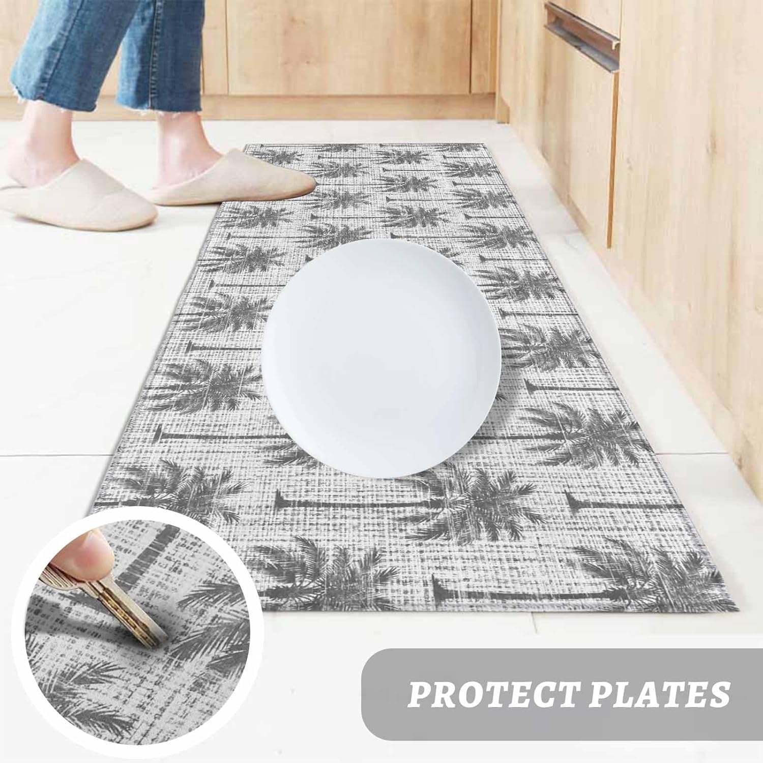 Teamery Kitchen Mats for Floor Summer Palm Tree Retro Linen Washable Non Slip Kitchen Rugs 1PCS, Tropical Gray Botanical Absorbent Standing Mats for Sink Bathroom Office Living Room 23.6x70.9in