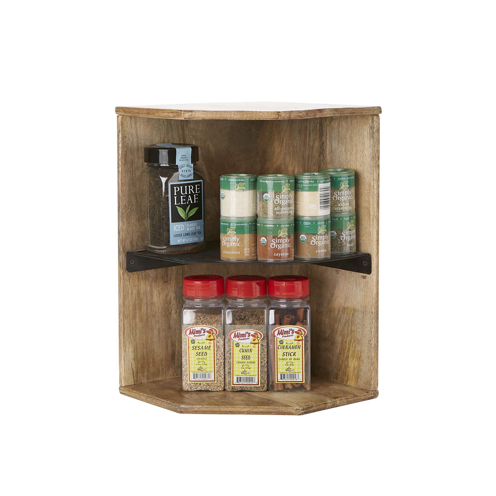 Mind Reader 2WISH-BRN Mango Wood, Iron 2 Tier Shelf, Kitchen Corner, Living Area, Storage, Spice Rac
