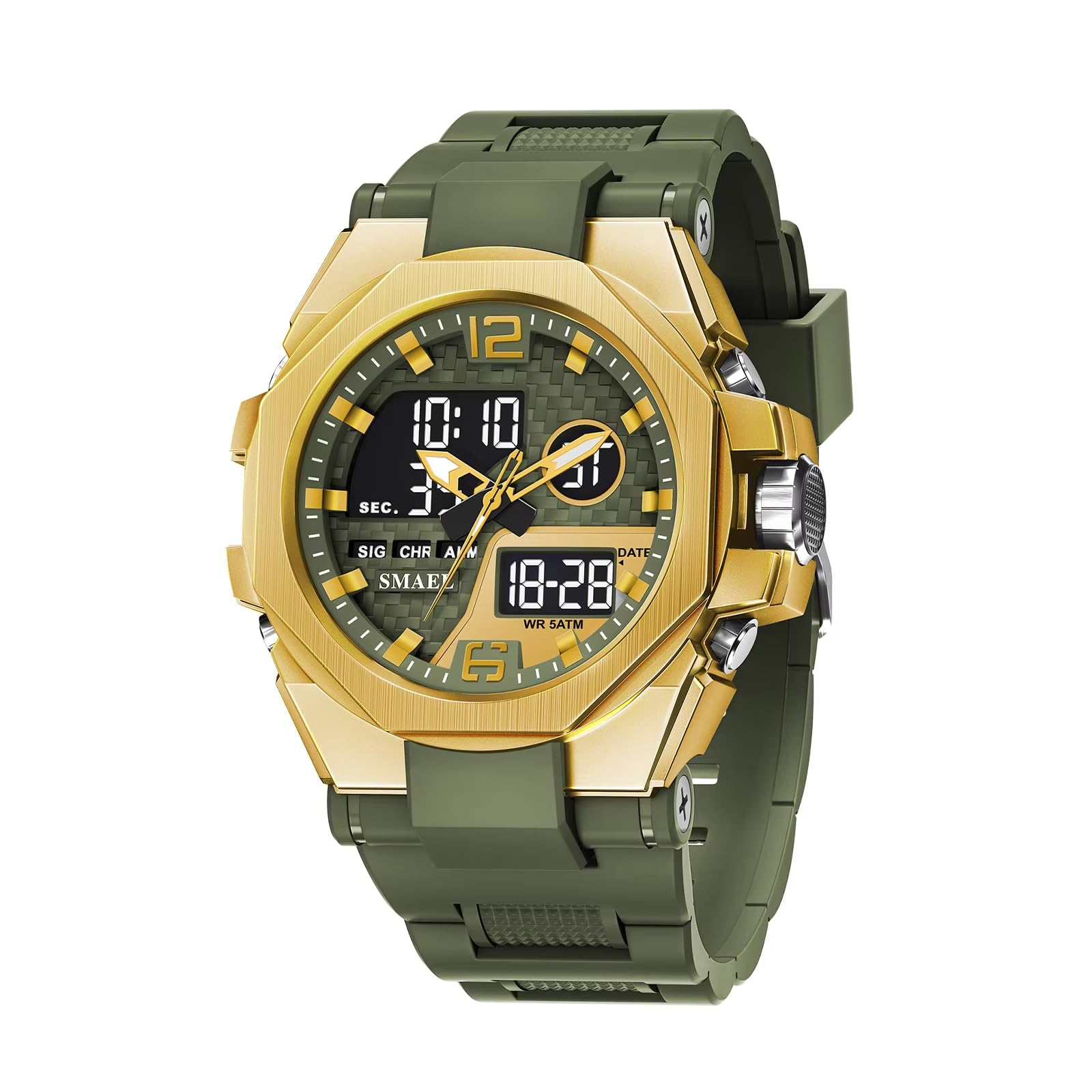 CARLIEN Mens Multifunction Sport Outdoor Digital Analog Fashion Watch Led Display Luminous Alarm 50M Waterproof Stopwatch 3-Hand Quartz Military Wristwatch (Army Green)