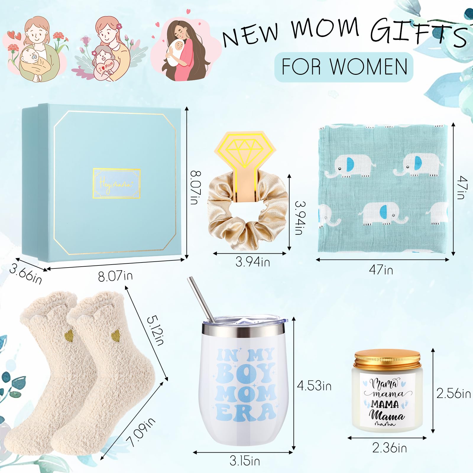 WinnerWhy 8 Sets New Mom Gifts Pregnancy After Birth Inspire Self Care 12 oz Tumbler First Time Gift Set for Expecting Mom(Blue)
