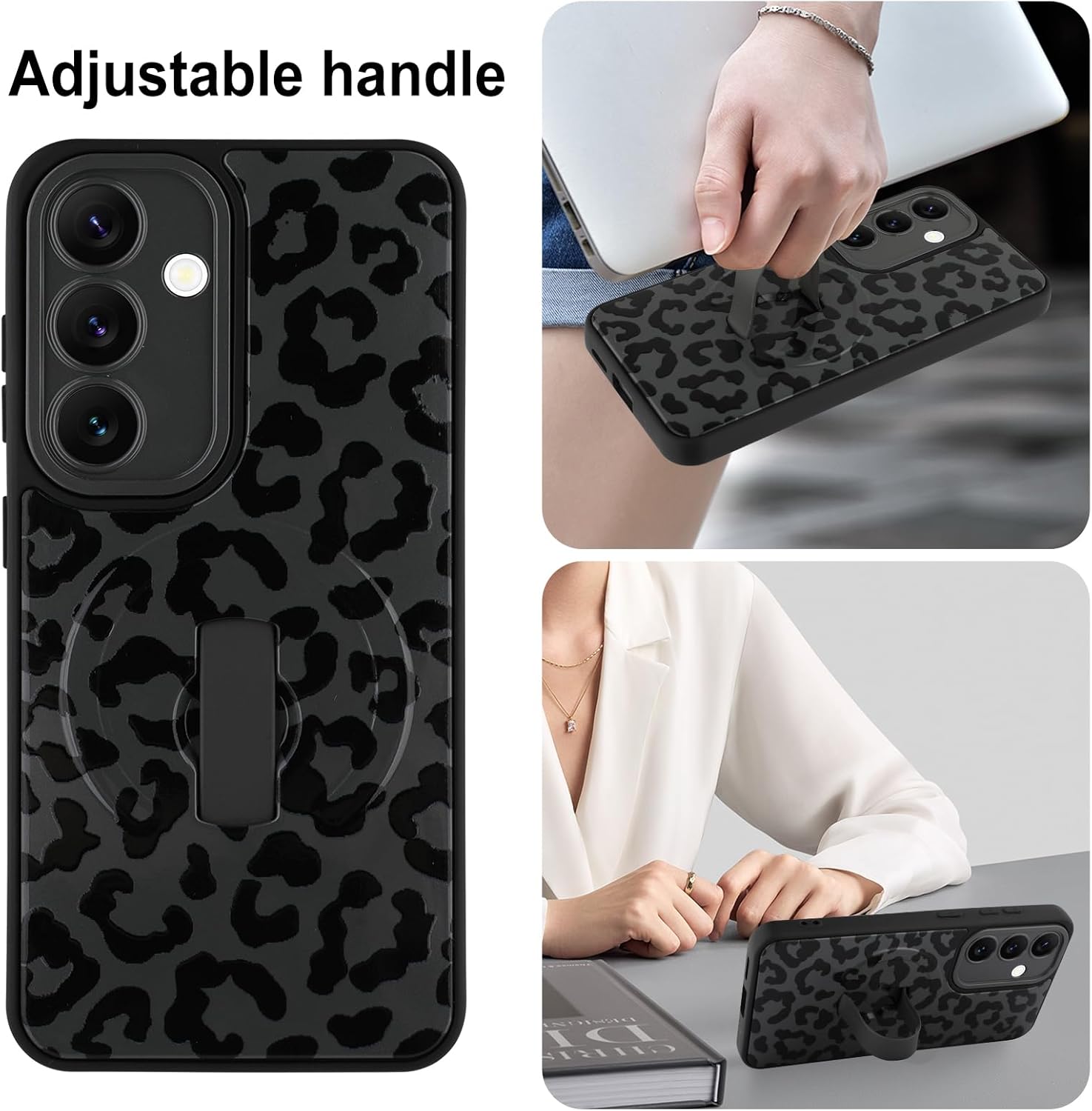 MOWIME Magnetic for Samsung Galaxy S24 Case with Finger Strap, Compatible with Magsafe, Cheetah Print Pattern Women Girls, Slim Shockproof Soft TPU Case for Galaxy S24 6.2 Inch, Black