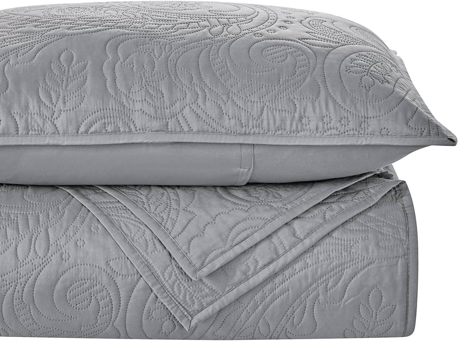BOURINA Ultrasonic Quilt Set Bedspreads 3-Piece Bedding Set Pre-Washed Microfiber Ultra Soft Lightweight Flower Coverlet Set for All Season, Queen Grey