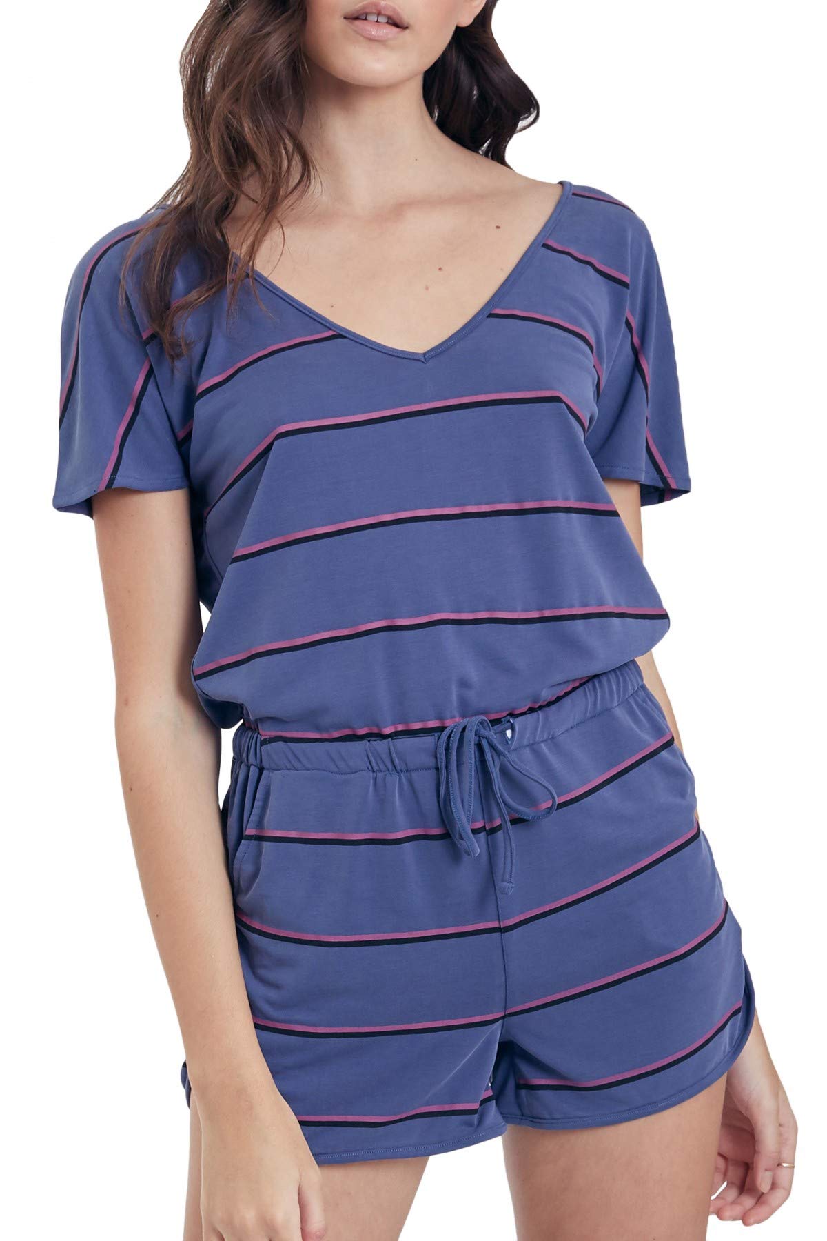 Another LoveVCKN8036 Mindy Stripe Romper in Dark Denim Magenta