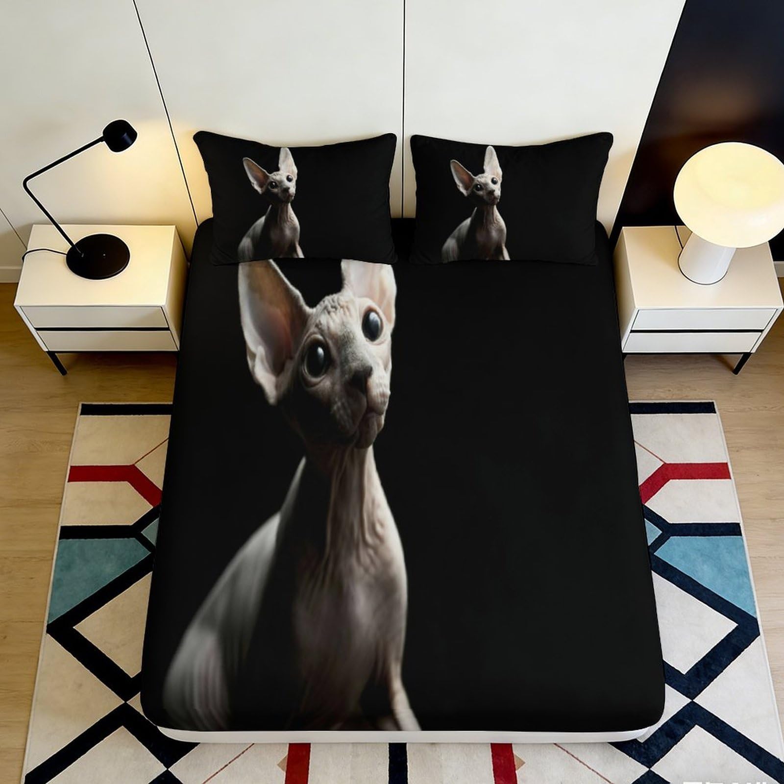 3D Printed Sphynx Cat Fitted Sheet Microfiber Soft Breathable Black Cat Mattress Cover for Bedroom Dormitory Guest Room Mattress Protection Decor 160x200x25cm