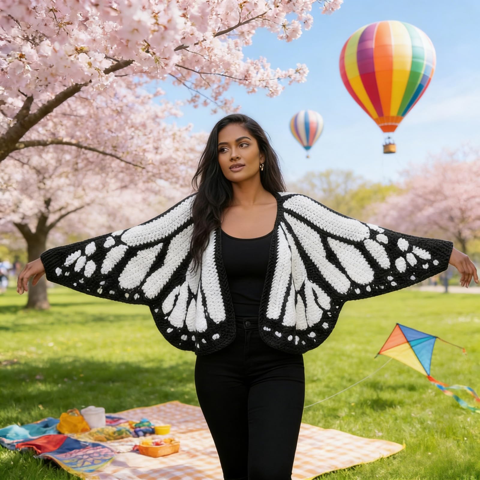 2026 wielokolorowy monarcha motyl dzianinowy kardigan, otwarty przód szydełkowany monarcha motyl kardigan/sweter boho dzianinowy okrycie