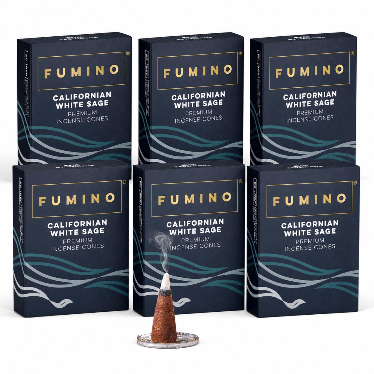 Fumino Black Californian White Sage Incense Cones 90 Pack 6 Boxes - Handmade Natural Masala Incense Cones For Meditation & Home Fragrance, Low-Smoke Herbal & Cleansing Scent, Bureau Veritas Certified